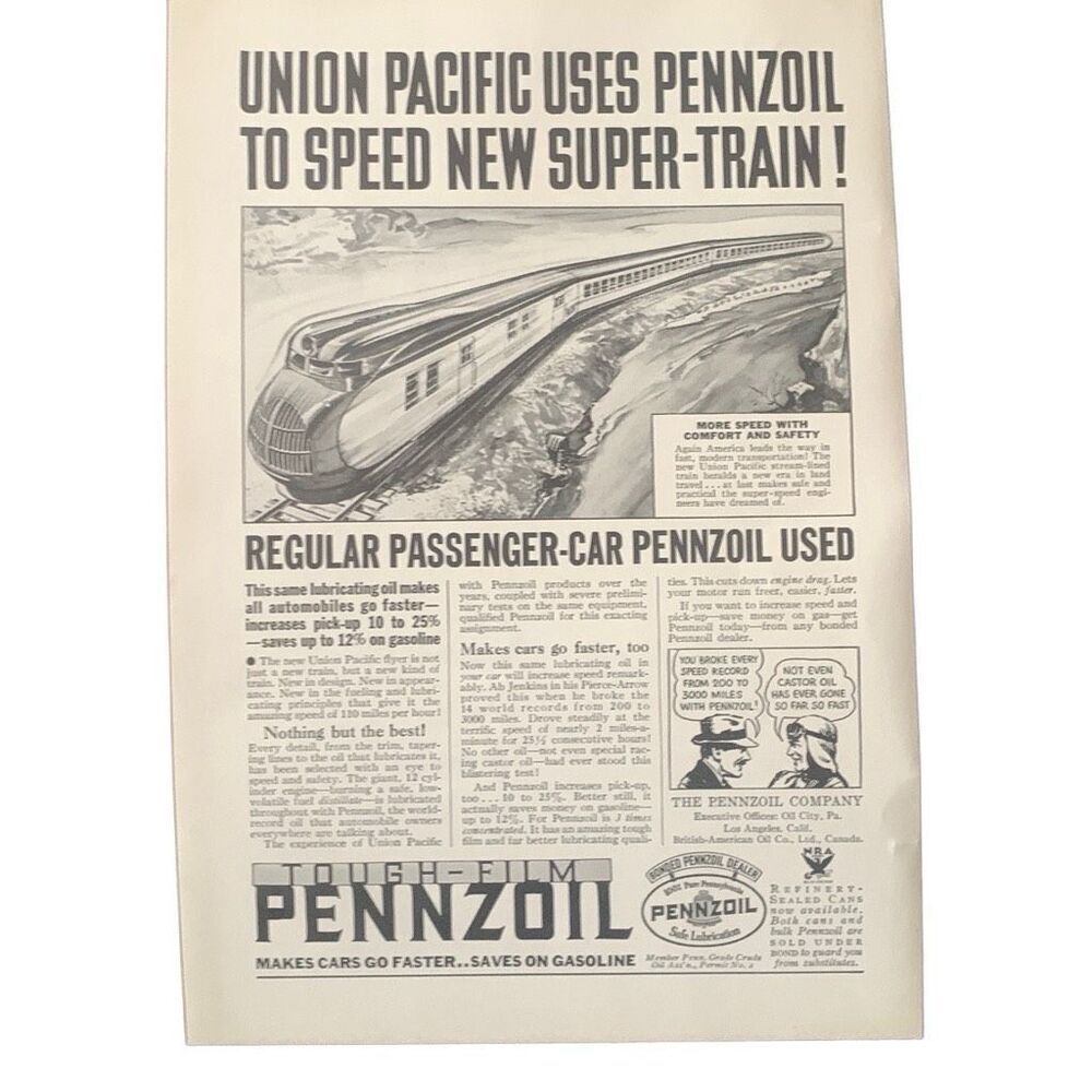 Vintage 1934 Pennzoil Union Pacific Uses Ad Advertisement